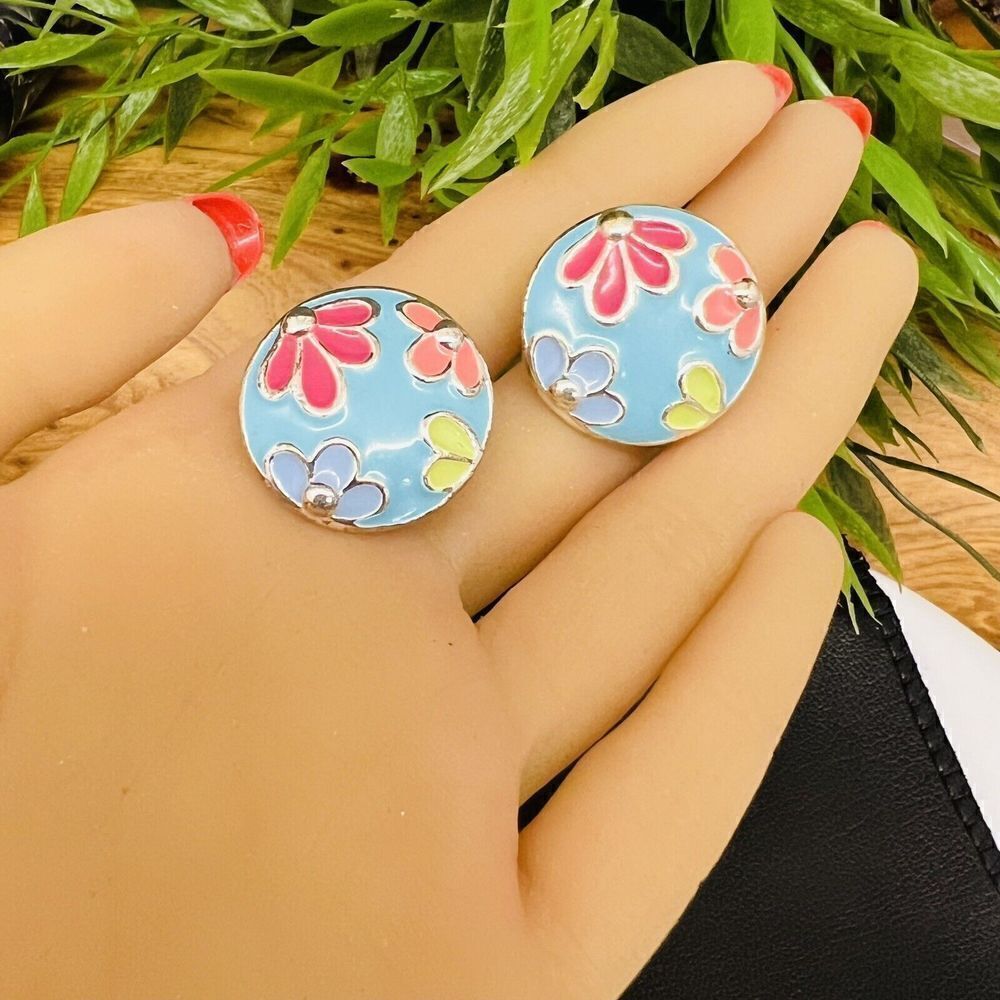 Vintage MOD Earrings Dome Blue Pink Green Enamel Flowers Silver Round Clip 1313 - Picture 2 of 7
